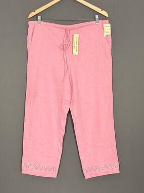 Stephanie Rogers Pink Linen Blend Eyelet Hem Cropped Pants Small NEW Boho